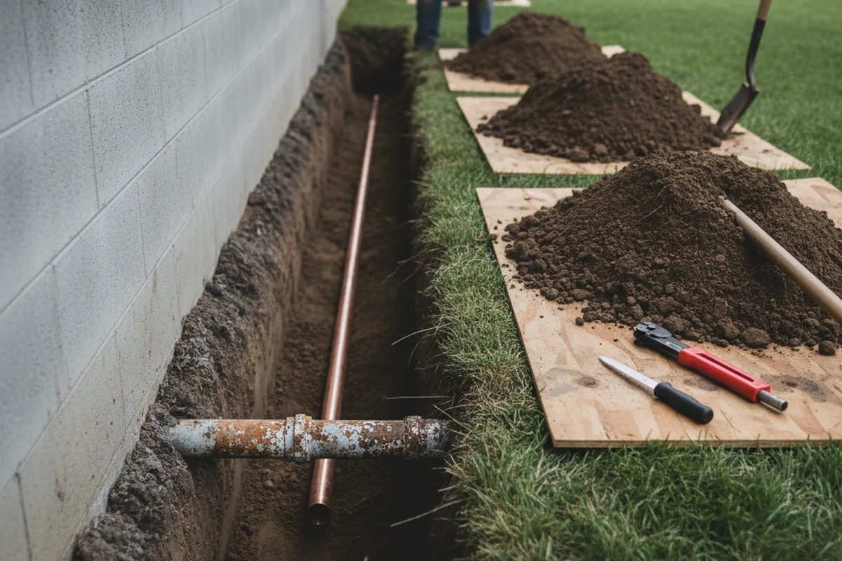 Excavated water line trench during Sewer Line Repair in Palmer